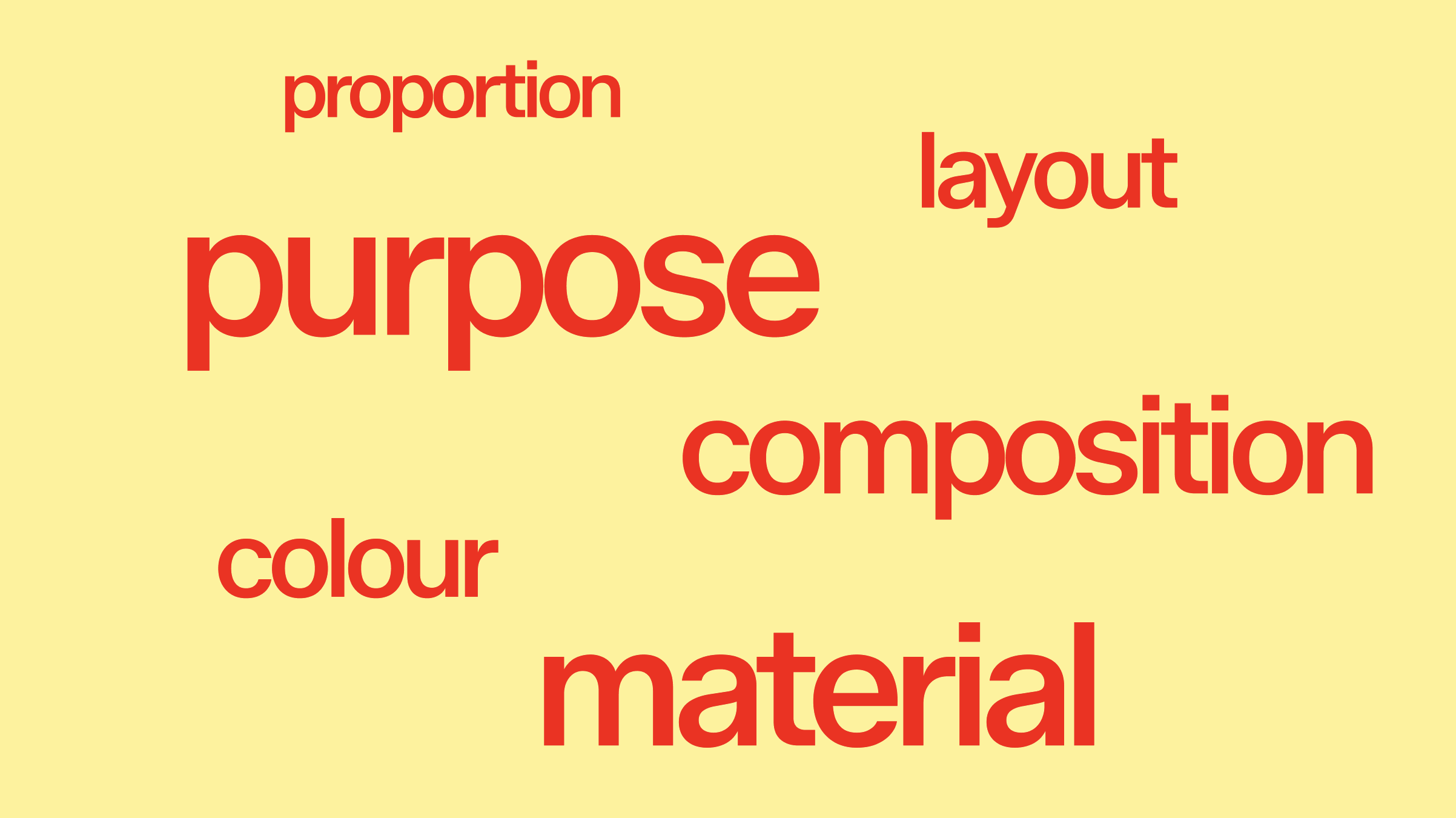 Proportion, layout, purpose, composition, colour, and material